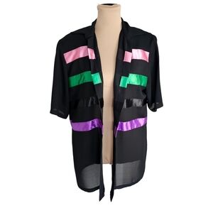 Joseph Ribkoff Black Sheer Color Striped Blouse w/ Shoulder Pads Sz L